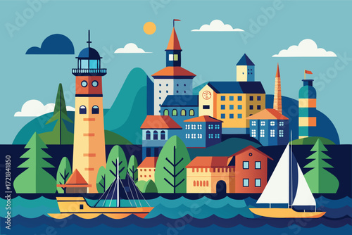 Coastal town with colorful buildings and a lighthouse on a sunny day by the water