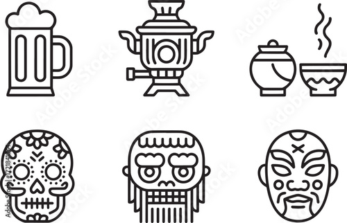 Ornamental Artifacts Outline Icons Set Vector. Cultural Heritage Elements Isolated