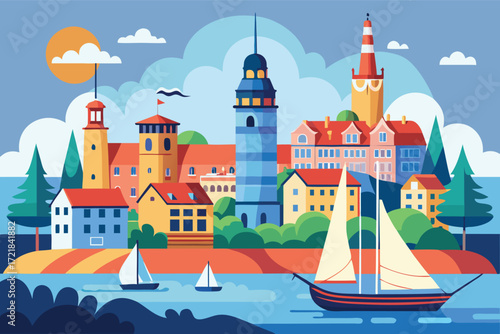 Colorful coastal town with sailboats and vibrant buildings by the water