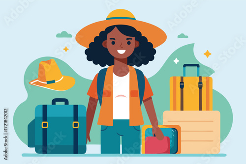 Vacation preparation with a cheerful traveler and colorful luggage in a bright summer setting