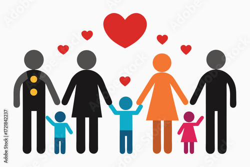 Families celebrating love with heart symbols during a joyful gathering