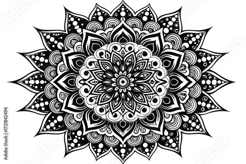 Intricate black and white mandala design showcasing geometric shapes and patterns