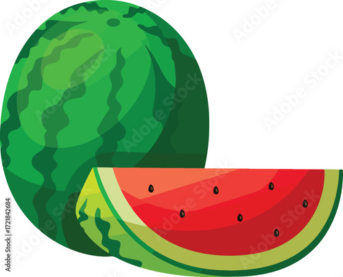 A whole watermelon and a slice of watermelon on a white background
