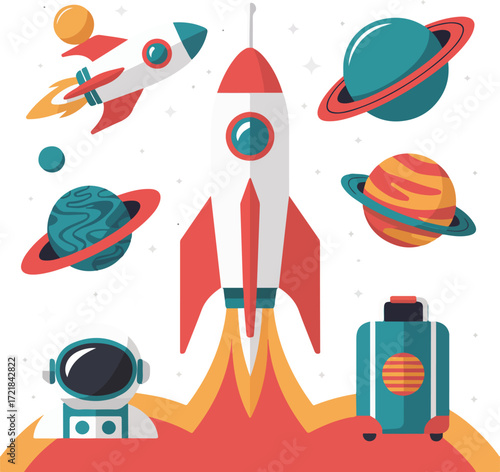 Space shuttle and rocket vector illustration icon set