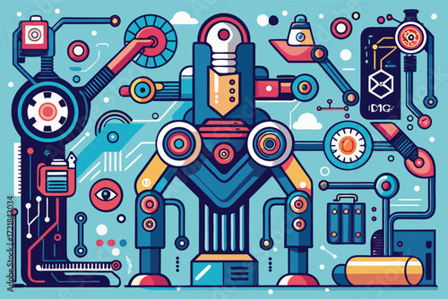 Colorful robot design with gears and circuits in a modern digital style