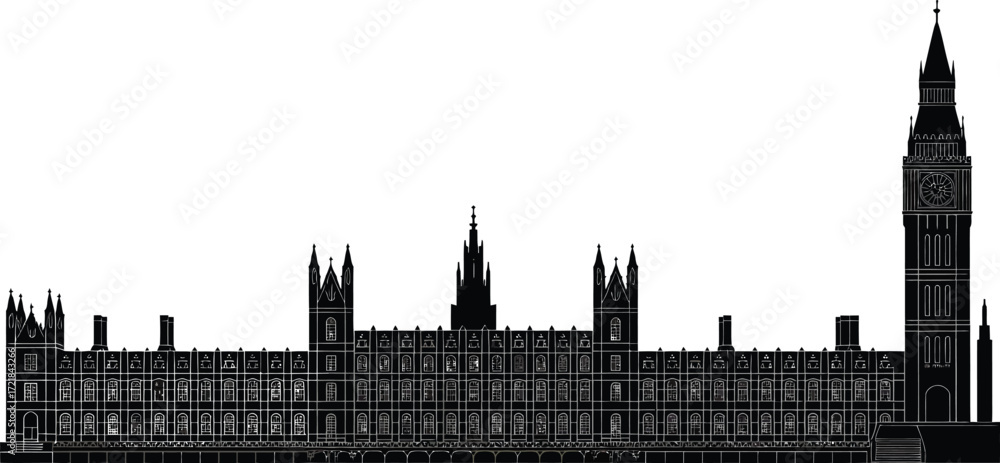 Obraz premium Detailed Silhouette of the Houses of Parliament and Big Ben in London, United Kingdom Architecture