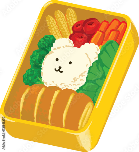 A yellow bento box filled with food featuring a rice bear face