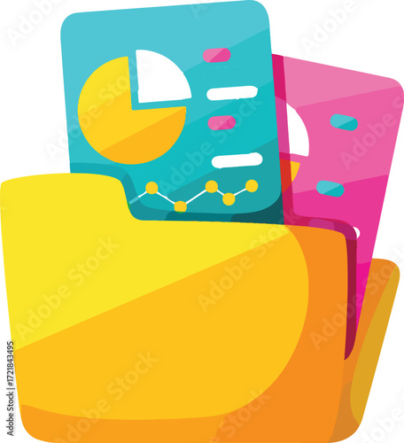 A yellow folder with documents showing graphs and charts