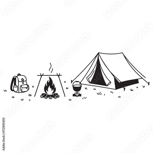 Camping gear including tent, backpack, and campfire