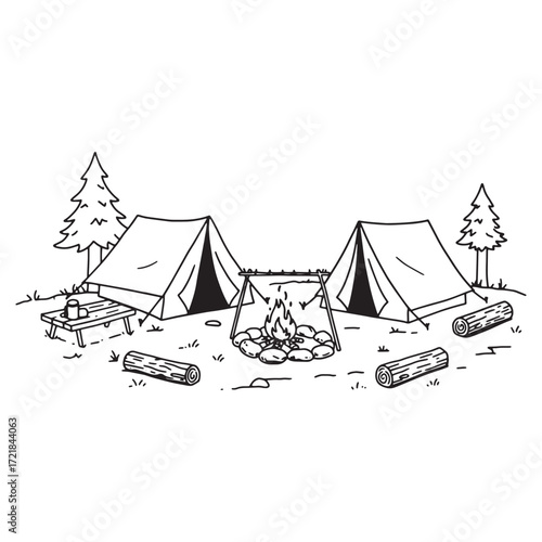 Camping scene with tents and campfire in a simple line drawing