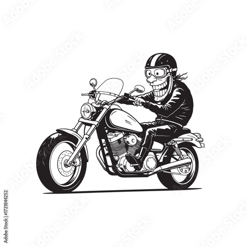 Cartoon biker with exaggerated smile on motorcycle