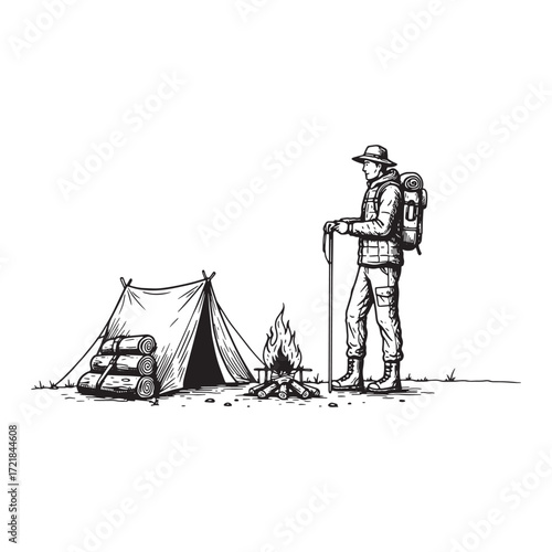 Detailed sketch of a hiker with backpack, tent, and campfire