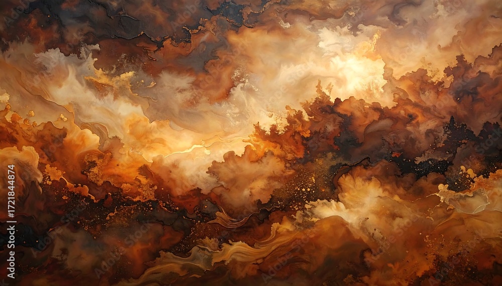 Fototapeta premium A captivating abstract painting displays a dramatic interplay of warm earthy tones, evoking a sense of cosmic grandeur and ethereal beauty.
