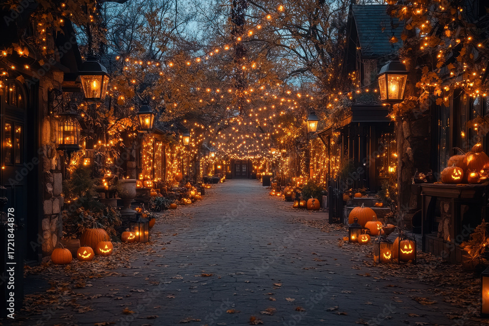 Fototapeta premium Pumpkins and lights lining the street.