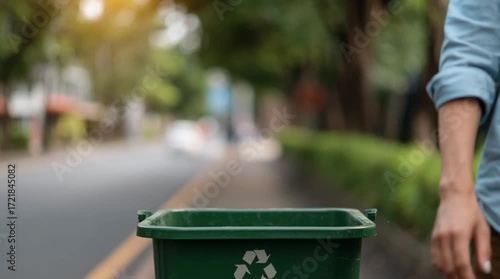Persons Hand Drops a Green Plastic Recycling Bag with a Symbol into a Bin, Emphasizing Eco friendly Practices, Waste Management, and Sustainable Living