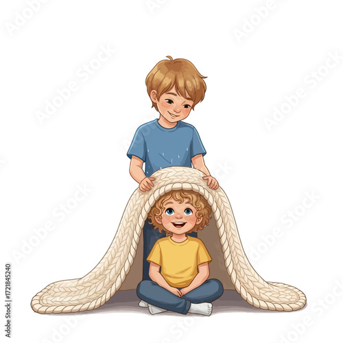 An older boy gently holds a cozy knitted blanket over a younger boy sitting happily underneath, illustrating playful sibling interaction.