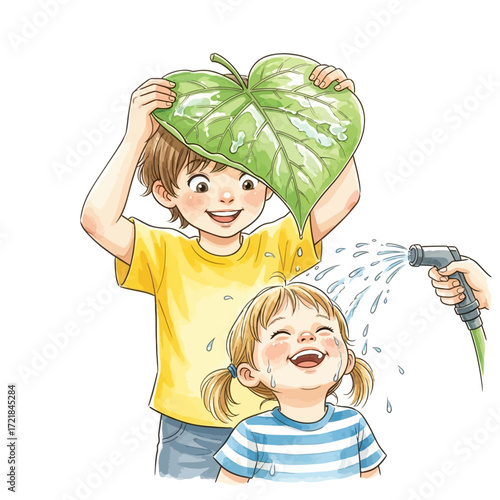 A boy holds a large leaf as an umbrella while a girl laughs being sprayed with a water hose.