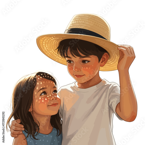 Brother and sister, sun-kissed skin, summer hats, affectionate embrace.