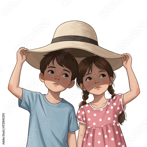 Two young children, a boy and a girl, stand together under a large hat, looking up with shaded faces.