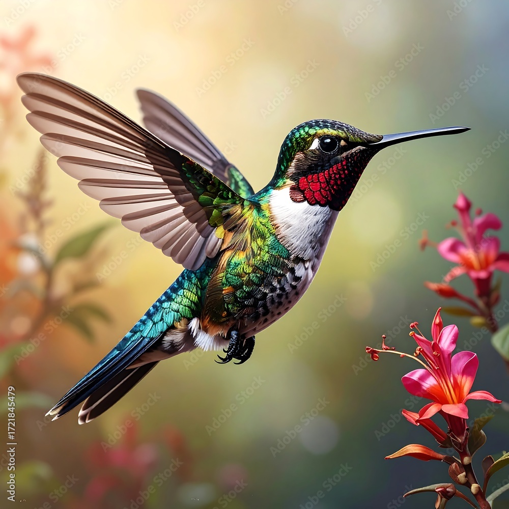 Fototapeta premium Vibrant hummingbird in flight, surrounded by flowers