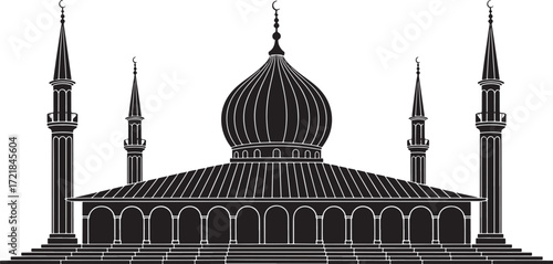 Detailed Vector Illustration of a Mosque with Dome and Minarets in Islamic Architecture