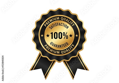 Black and gold ribbon badge with 100 percent satisfaction guaranteed text award