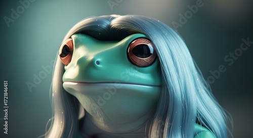 Frog with long hair fantasy character portrait 3D render digital art