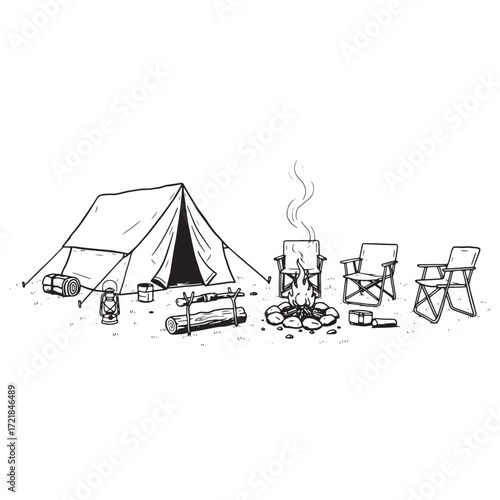 Hand-drawn camping setup with tent, campfire, chairs, and lantern