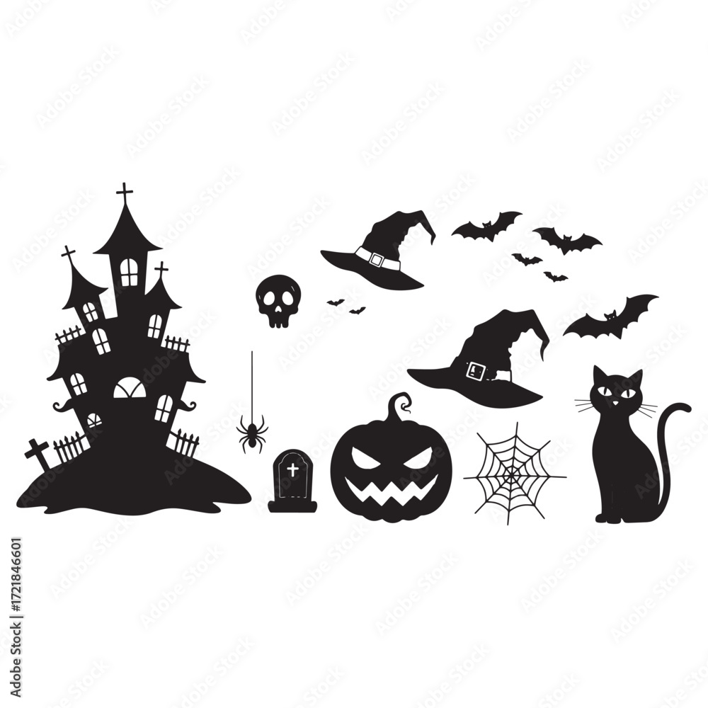 Obraz premium Haunted House and Halloween Icons Silhouette black