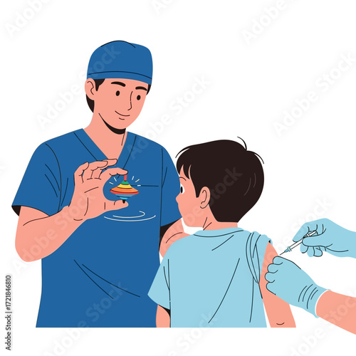 A doctor distracts a young boy with a spinning top toy while another healthcare worker administers a vaccine injection into his arm.