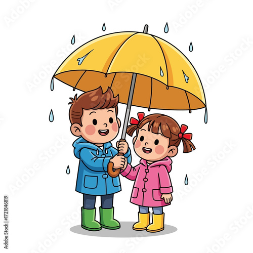 Cartoon illustration of a young boy and girl sharing a yellow umbrella in the rain, both wearing raincoats and smiling.