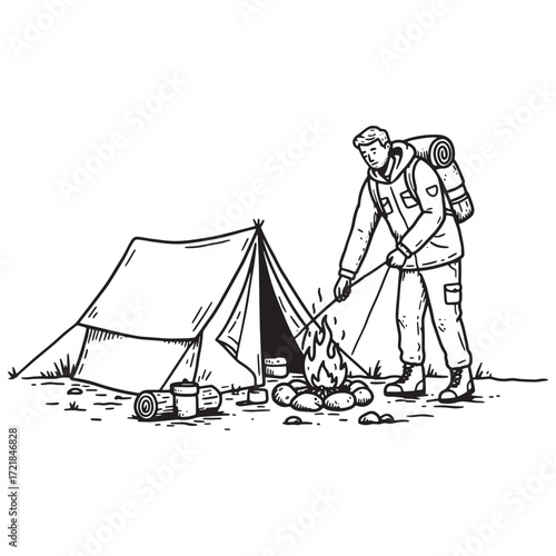 Hiker tending campfire near tent in hand-drawn style