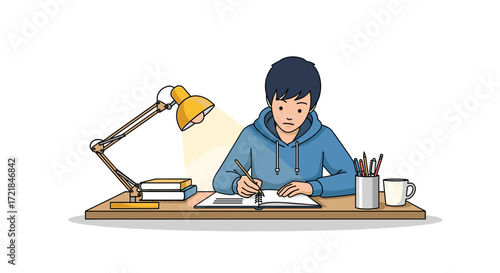 Concentrated Student Studying: Illustration of a boy in a blue hoodie diligently studying with books, pencil, lamp, and a cup on his desk.