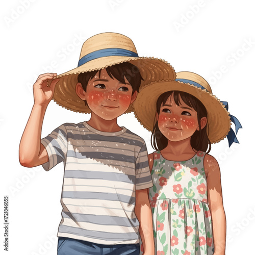 An adorable illustration of a young boy and girl with sun-kissed cheeks wearing matching straw hats.