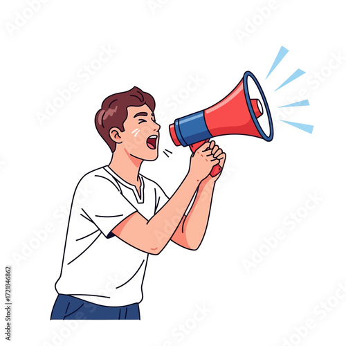 Young man shouting into a megaphone, announcing news or making an important statement.