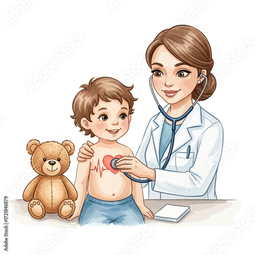 A caring female pediatrician examines a smiling young boy with a stethoscope, while his teddy bear sits beside him.