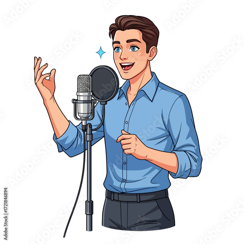 A confident young man in a blue shirt speaks or sings into a professional studio microphone with a pop filter, gesturing expressively.