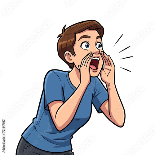 Cartoon illustration of a woman shouting with exaggerated expression.