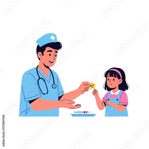 A friendly doctor offers a star-shaped reward to a young girl after vaccination.