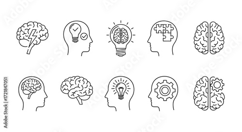 Brain Power: Creative Thinking, Problem Solving, and Mental Health Concepts Illustrated in Line Art Icon Set with Brains, Lightbulbs, Gears and Puzzles