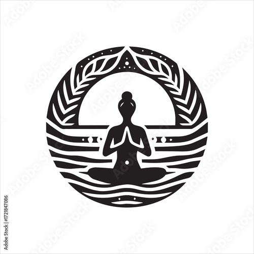 Stylized Yoga Silhouette in Lotus Position with Decorative Circular Frame.