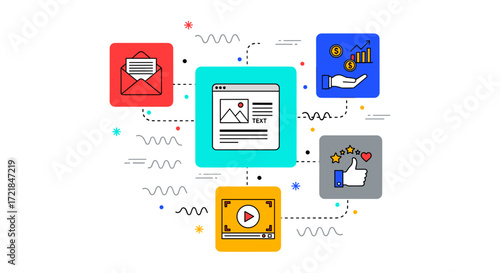 Colorful Illustration of Digital Marketing Strategies: Email Marketing, Content Marketing, Video Marketing, Social Media Marketing, and Business Growth on a White Background