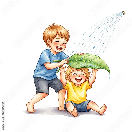Two joyful brothers play together, using a large green leaf as a makeshift umbrella to shelter from a spray of water.