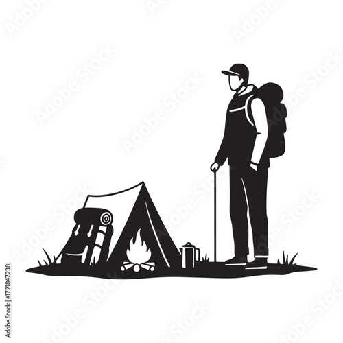 Hiker with backpack and tent at a campsite backpacker