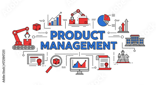 Product Management Illustration: Conveyor, Charts, Documents, and Strategy Elements for Effective Product Development and Growth in Business and Marketplace Dynamics