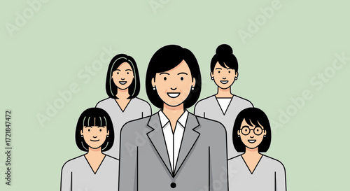 Empowered Team: Diverse Group of Asian Women in Business, Demonstrating Collaboration and Leadership within a Professional Corporate Setting, Against a Pale Green Background