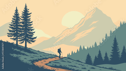 Majestic mountain vista with hiker silhouetted against the rising sun, a serene landscape perfect for adventure travel and outdoor lifestyle promotions