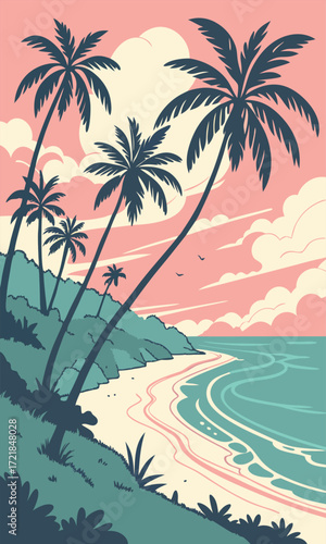 Serene beach escape with swaying palm trees, soft sandy shore, and tranquil ocean waves, perfect for vacation getaways and tropical dream destinations