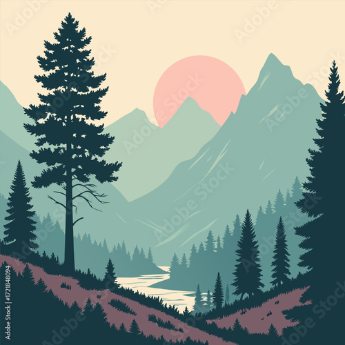 Serene mountain landscape at sunrise, calm valley with river and pine forest, peaceful nature escape, outdoor adventure awaits, tranquil vista, vector art