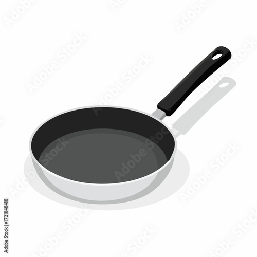 A simple, clean illustration of a round-bottomed frying pan with a black handle, rendered in a flat, isometric perspective on a white background